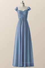 White Prom Dress, Flare Sleeves Misty Blue Pleated Long Bridesmaid Dress