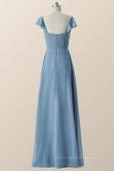 Party Dress Long Sleeve Mini, Flare Sleeves Misty Blue Pleated Long Bridesmaid Dress