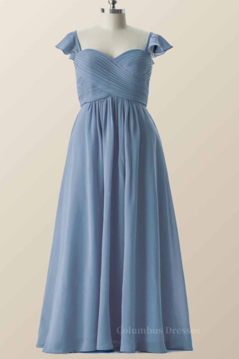 Glam Dress, Flare Sleeves Misty Blue Pleated Long Bridesmaid Dress