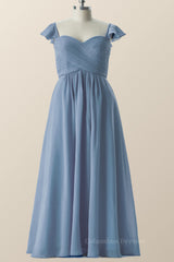 Glam Dress, Flare Sleeves Misty Blue Pleated Long Bridesmaid Dress