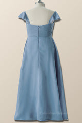 Graduation Outfit, Flare Sleeves Misty Blue Pleated Long Bridesmaid Dress