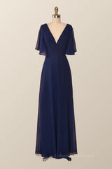 Homecoming Dress Under 88, Flare Sleeves Navy Blue Chiffon Long Bridesmaid Dress