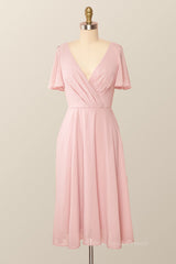 Bridesmaid Dresses Chicago, Flare Sleeves Pink Chiffon Short Party Dress