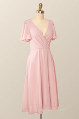 Party Dress Outfits, Flare Sleeves Pink Chiffon Short Party Dress