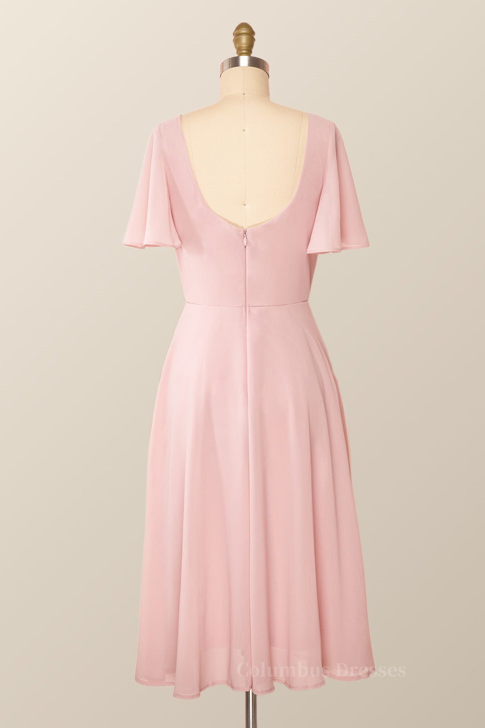Party Dresses Cheap, Flare Sleeves Pink Chiffon Short Party Dress
