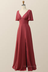Formal Dress Fall, Flare Sleeves Terracotta Empire Chiffon Long Bridesmaid Dress