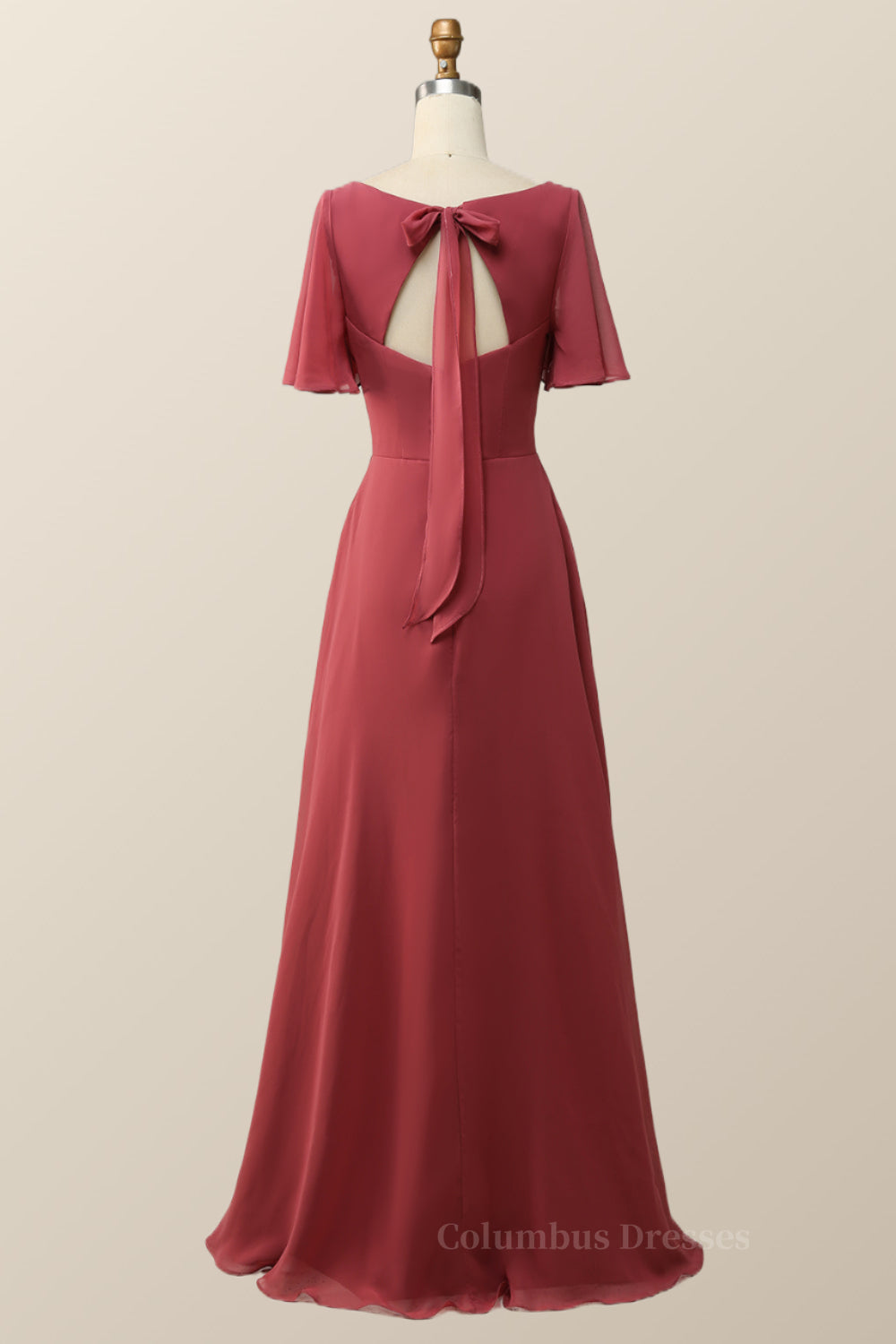 Formal Dresses Fall, Flare Sleeves Terracotta Empire Chiffon Long Bridesmaid Dress
