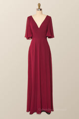 Elegant Prom Dress, Flare Sleeves Wine Red Chiffon Long Bridesmaid Dress