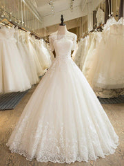 Weddings Dresses Near Me, Floor Length Applique Ball Gown Off the Shoulder Lace Tulle 1/2 Sleeves Wedding Dresses
