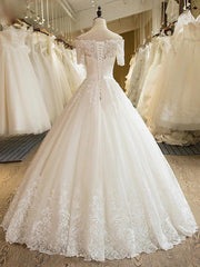 Wedding Dresses Near Me, Floor Length Applique Ball Gown Off the Shoulder Lace Tulle 1/2 Sleeves Wedding Dresses