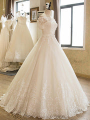 Weddings Dress Near Me, Floor Length Applique Ball Gown Off the Shoulder Lace Tulle 1/2 Sleeves Wedding Dresses