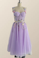 Prom Dresses Long Mermaid, Floral Embroidered Lavender Princess Midi Dress