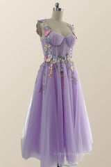Prom Dress Purple, Floral Embroidered Lavender Princess Midi Dress