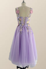 Prom Dresses For Curvy Figure, Floral Embroidered Lavender Princess Midi Dress