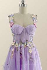 Prom Dresses For Curvy Figures, Floral Embroidered Lavender Princess Midi Dress