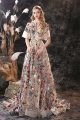 Wedding Color Palette, Floral Embroidery Long Tulle Short Sleeve Train Prom Dresses