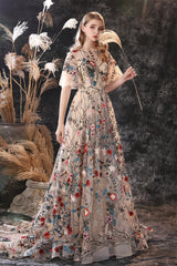 Prom Gown, Floral Embroidery Long Tulle Short Sleeve Train Prom Dresses