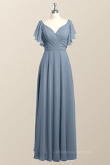 Prom 2060, Flutter Sleeves Dusty Blue Chiffon A-line Long Bridesmaid Dress