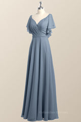 Dinner Dress Classy, Flutter Sleeves Dusty Blue Chiffon A-line Long Bridesmaid Dress