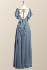 Fancy Outfit, Flutter Sleeves Dusty Blue Chiffon A-line Long Bridesmaid Dress