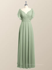 Party Dress Midi With Sleeves, Flutter Sleeves Dusty Blue Chiffon A-line Long Bridesmaid Dress