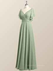 Prom Dresses 2059 Cheap, Flutter Sleeves Sage Green Chiffon A-line Long Bridesmaid Dress