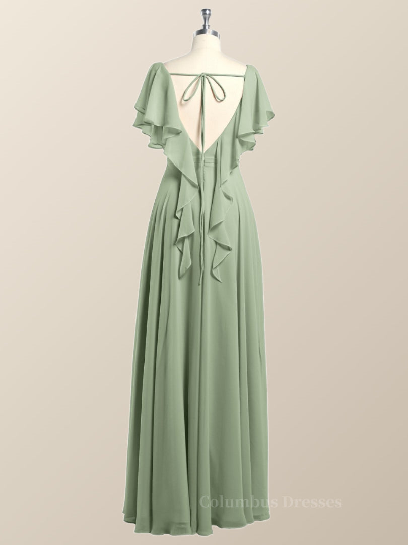 Prom Dresses Princess Style, Flutter Sleeves Sage Green Chiffon A-line Long Bridesmaid Dress