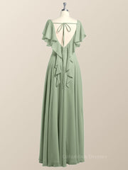 Prom Dresses Princess Style, Flutter Sleeves Sage Green Chiffon A-line Long Bridesmaid Dress