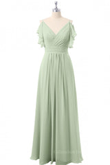 Party Dress Shop Near Me, Flutter Sleeves Sage Green Pleated Long Bridesmaid Dress