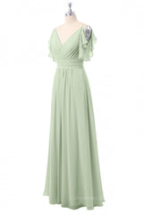 Party Dress Fancy, Flutter Sleeves Sage Green Pleated Long Bridesmaid Dress