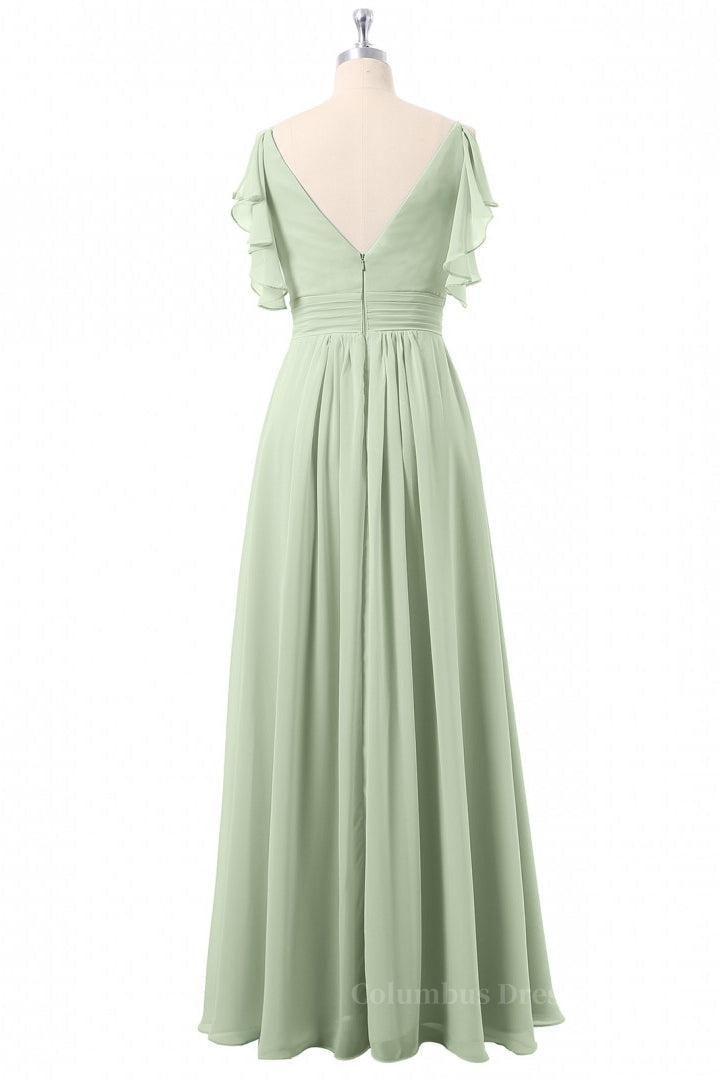 Party Dress On Line, Flutter Sleeves Sage Green Pleated Long Bridesmaid Dress