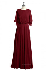Evening Dresses Gowns, Flutter Sleeves Wine Red Chiffon Blouson Long Dress