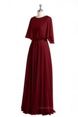 Evening Dresses Simple, Flutter Sleeves Wine Red Chiffon Blouson Long Dress