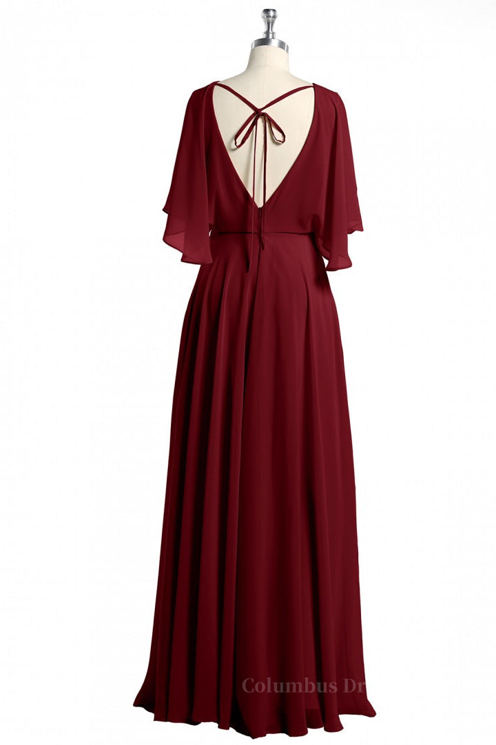 Evening Dress Simple, Flutter Sleeves Wine Red Chiffon Blouson Long Dress