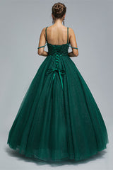 Short Wedding Dress, Dark Green Lace Up Beading Long Prom Dresses