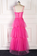 Prom Dress Country, Fuchsia A-line Spaghetti Straps boning Sheer Long Prom Dress