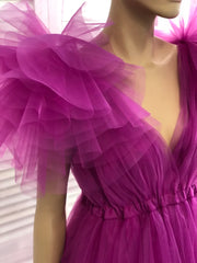 Party Dresses Website, Fuchsia A-line V Neck Tulle Prom Dress