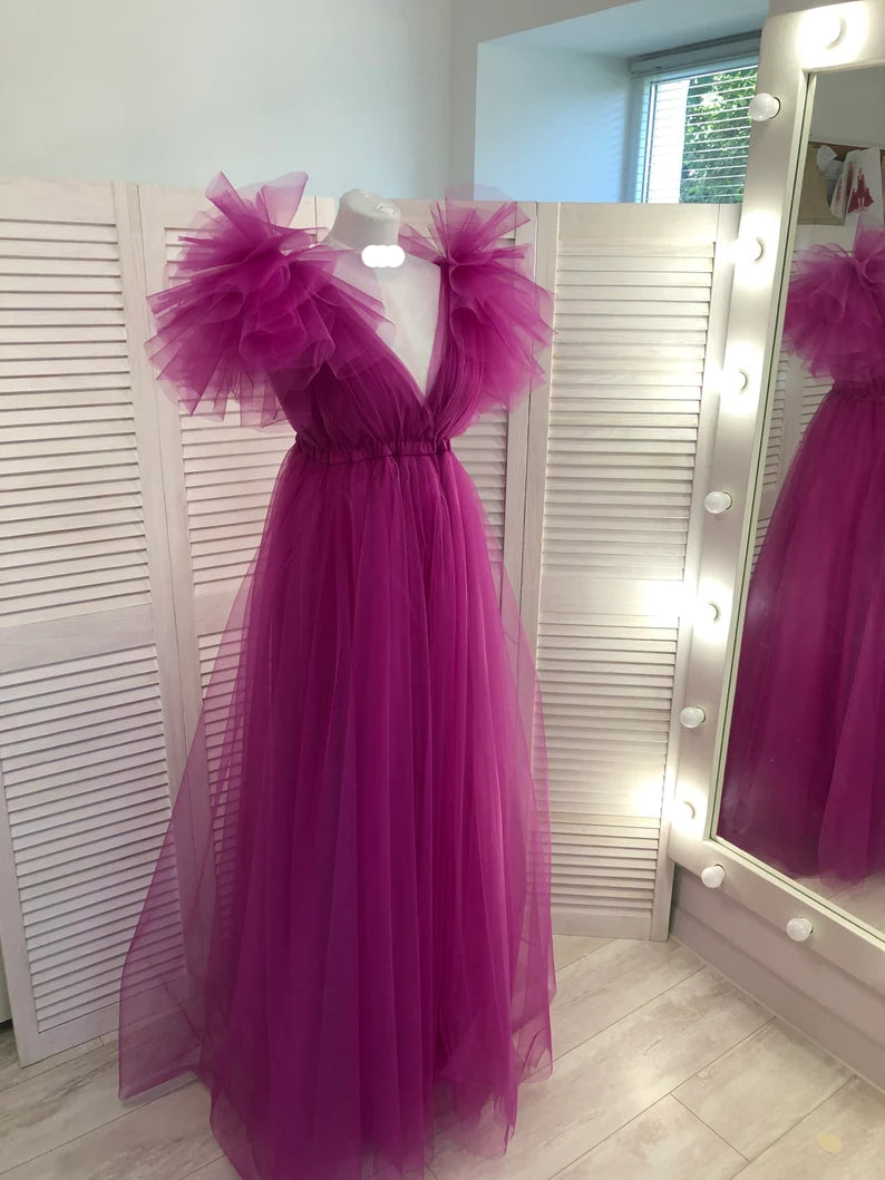 Party Dresses Websites, Fuchsia A-line V Neck Tulle Prom Dress