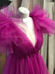 Party Dress Website, Fuchsia A-line V Neck Tulle Prom Dress