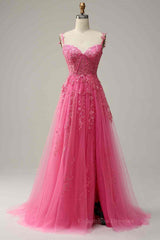Dream, Fuchsia Dark Navy A-line Spaghetti Straps Tulle Lace Boning Long Prom Dress