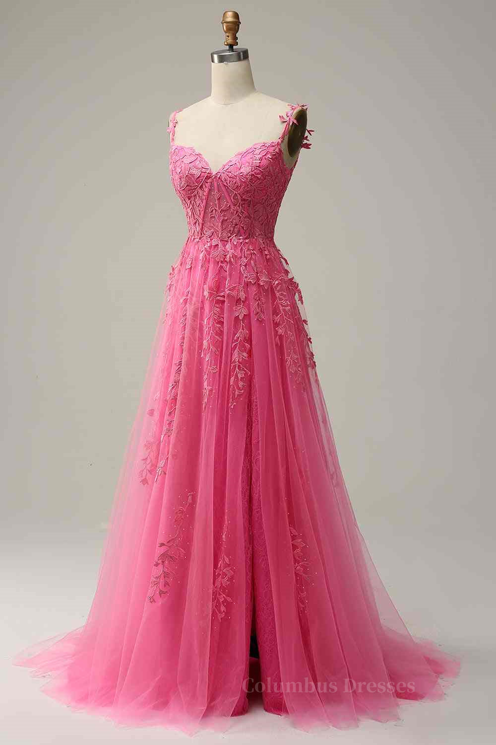 Classy Prom Dress, Fuchsia Dark Navy A-line Spaghetti Straps Tulle Lace Boning Long Prom Dress