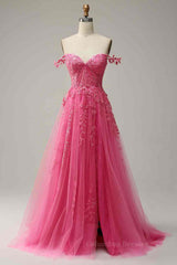 Short Dress, Fuchsia Dark Navy A-line Spaghetti Straps Tulle Lace Boning Long Prom Dress