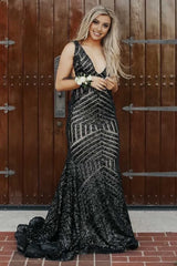 Fuchsia Deep V Neck Sequin Mermaid Prom Dress