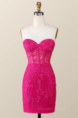 Prom Dress Size 55, Fuchsia Lace Appliques Tight Mini Dress