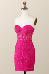 Prom Dresses Princess Style, Fuchsia Lace Appliques Tight Mini Dress