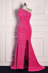 Prom Dresses For Curvy Figures, Fuchsia Mermaid One Shoulder Sparkly Long Formal Dress