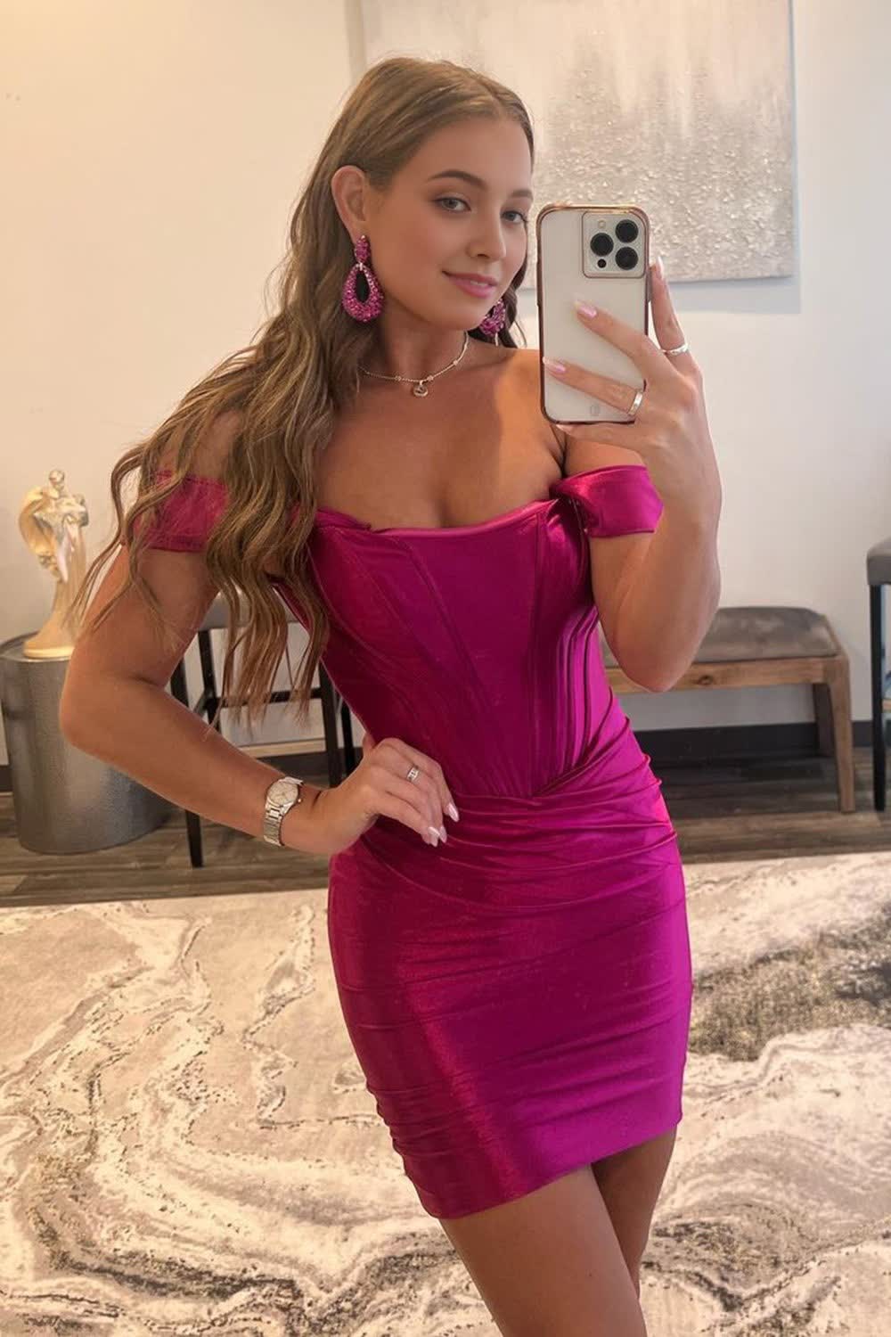 Fuchsia Off the Shoulder Ruched Tight Homecoming Dress