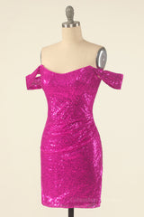 Bridesmaid Dresses Online, Fuchsia Off the Shoulder Sequin Party Mini Dress