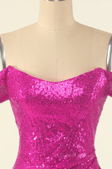 Bridesmaid Dresses Pink, Fuchsia Off the Shoulder Sequin Party Mini Dress