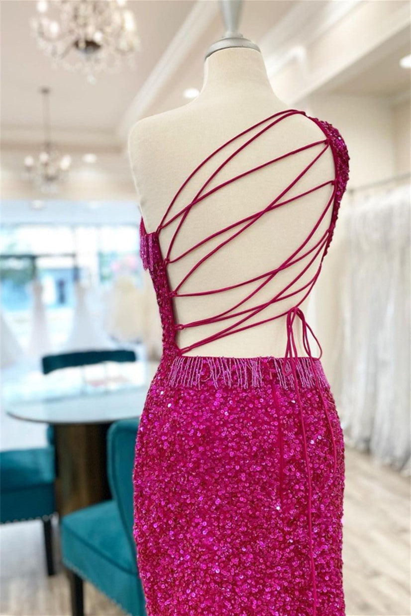 Prom Dress Ideas Black Girl, Fuchsia One Shoulder Lace-Up Sequins Homecoming Dress with Tassels
